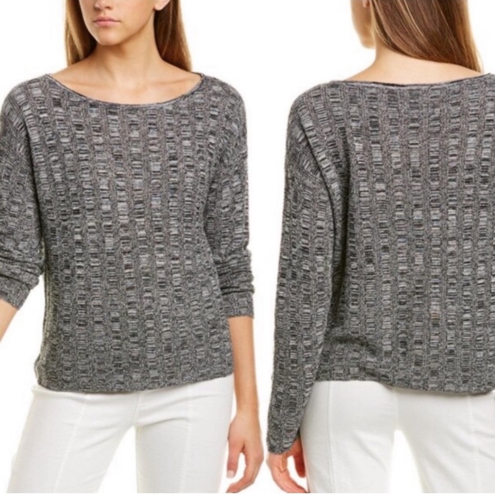 Eileen Fisher Silk Linen Black White Marled Open Knit Sweater Size M